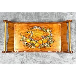 VTG Handmade Painted Wood Serving Tray Fish Folk Art MCM